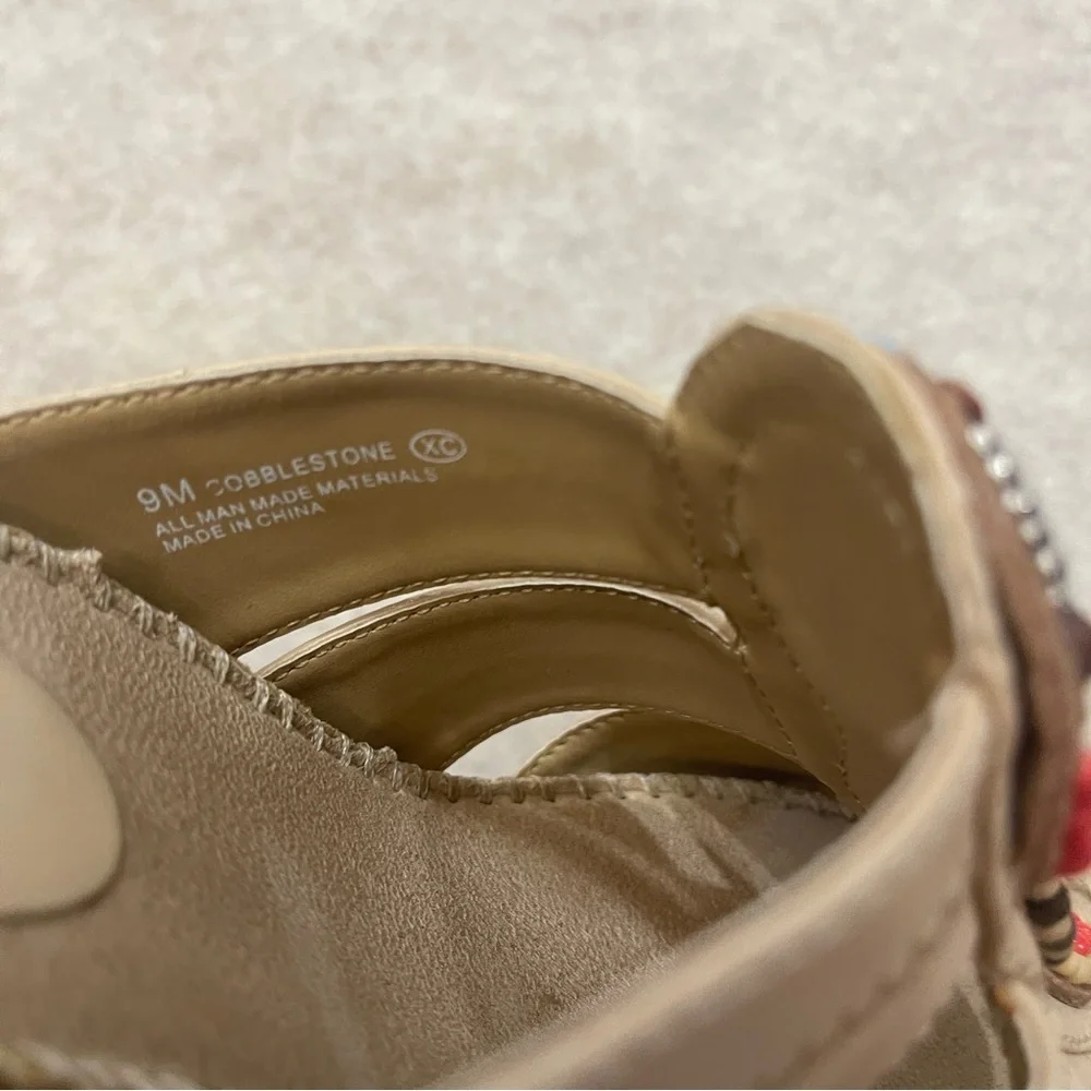 Aerosoles Cobblestone Tan Leather Beaded Wedge Boho Slip-On Sandals size 9